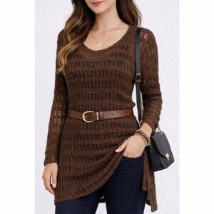 (VTG) JH COLLECTIBLES • Brown Open Knit Scoop-Neck Long Sleeve Sweater, S